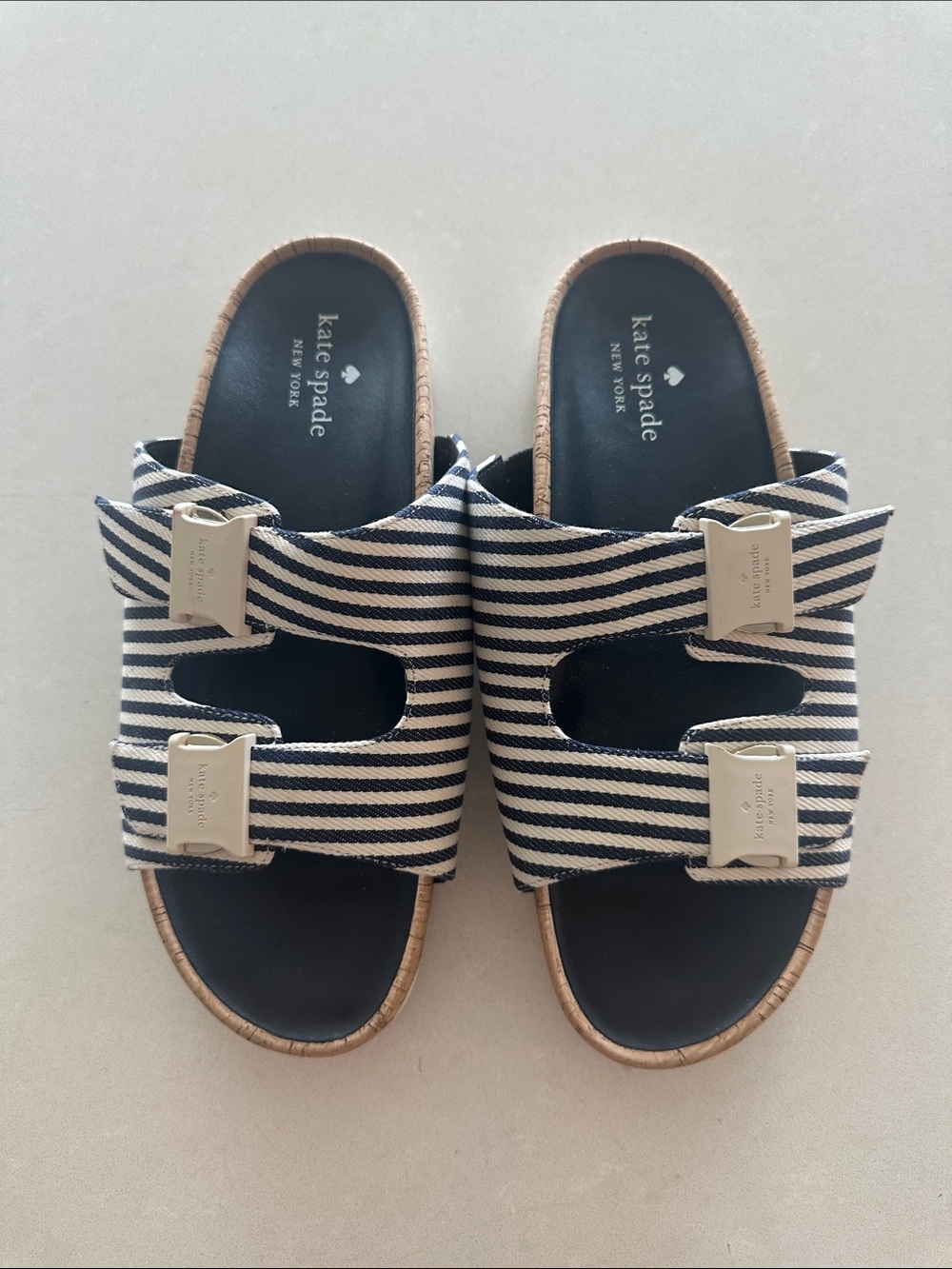 kate spade Striped Buckle Slide Sandals - Navy & White